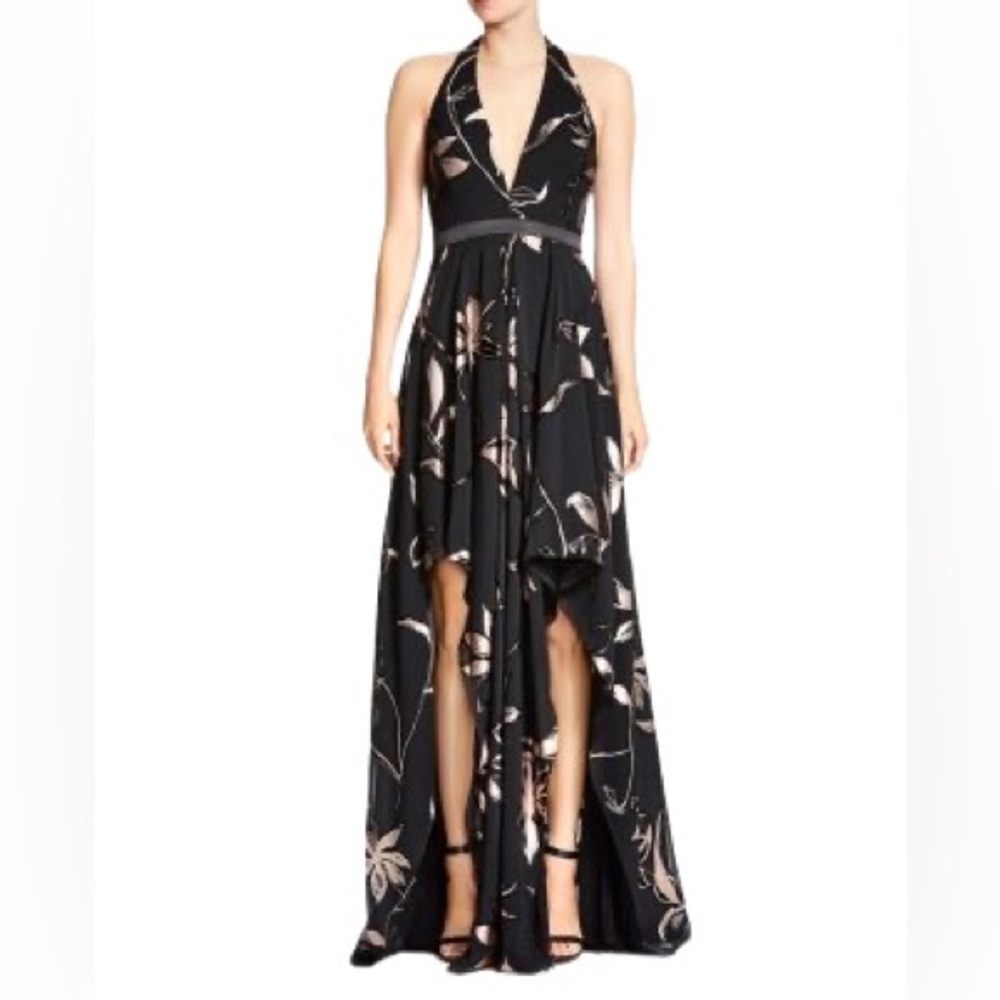 Halston Heritage Black Floral Burnout Motif Halter Gown